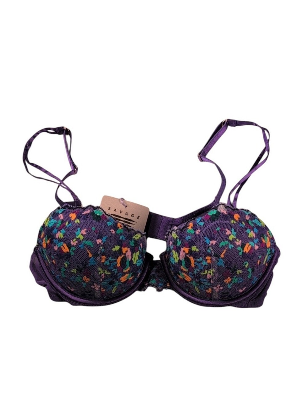 Savage X Fenty Steamy Floral Padded Balconette Bra Purple Lace Size 32B